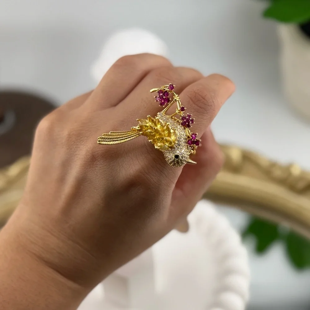 Gold Bird Statement Ring – Crystal & Ruby Red Accents 🐦✨ - Picture 8 of 13